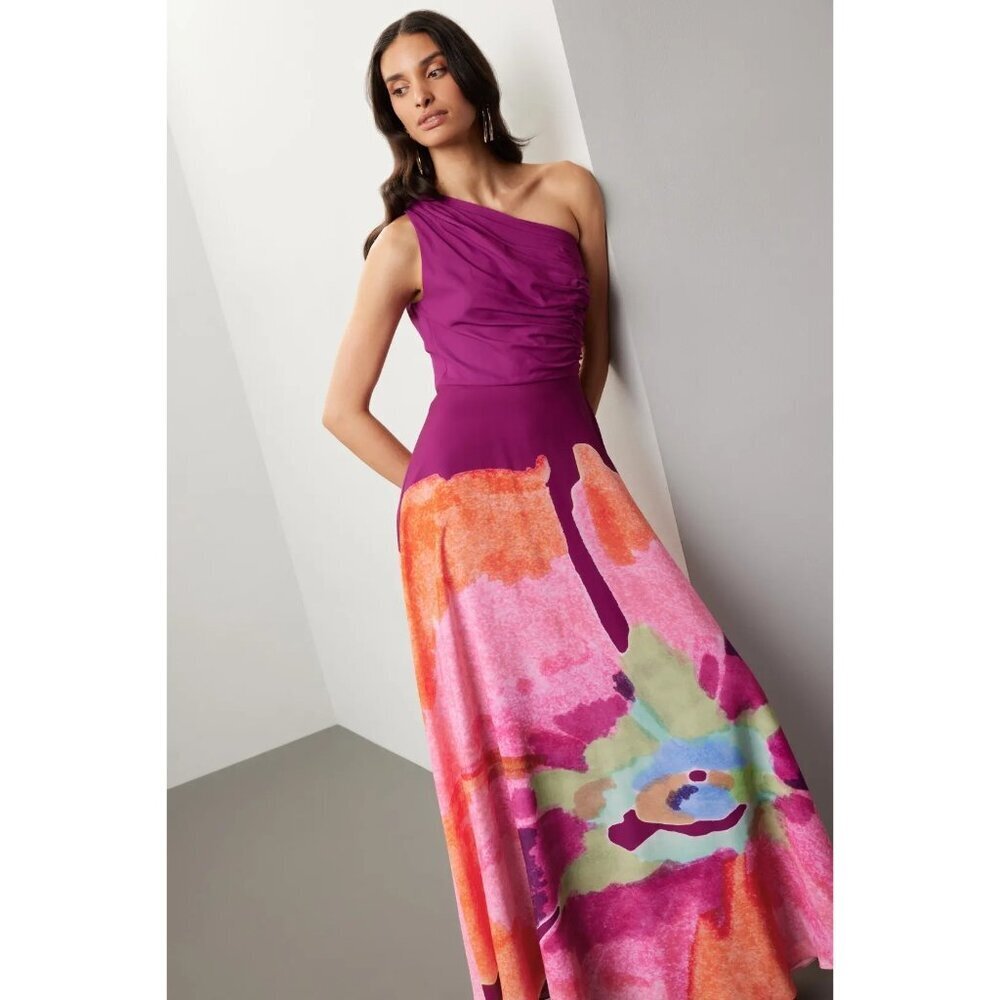 AMUR Atlas Painterly One Shoulder Floral Evening Gown Purple Womens Size 4